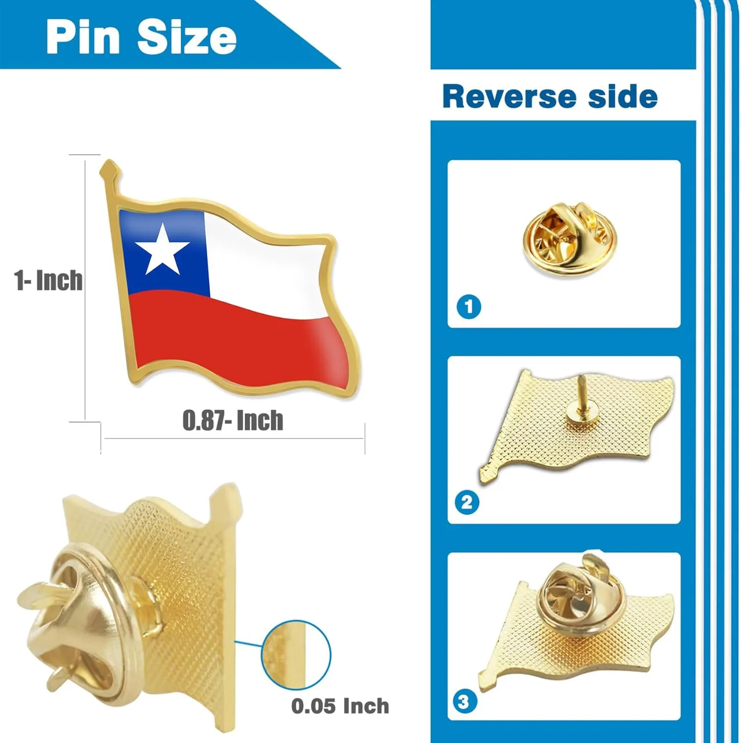 12/24/50/100Pcs Official Chile Flag Lapel Pins Bulk - Metal Chilean Lapel Brooch Badge Pin Souvenir for Men Women Clothes Bags Hats