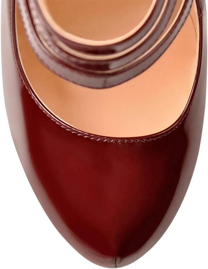 15cm Platform Round Toe Patent High Heel Stiletto Ankle Strap Pumps