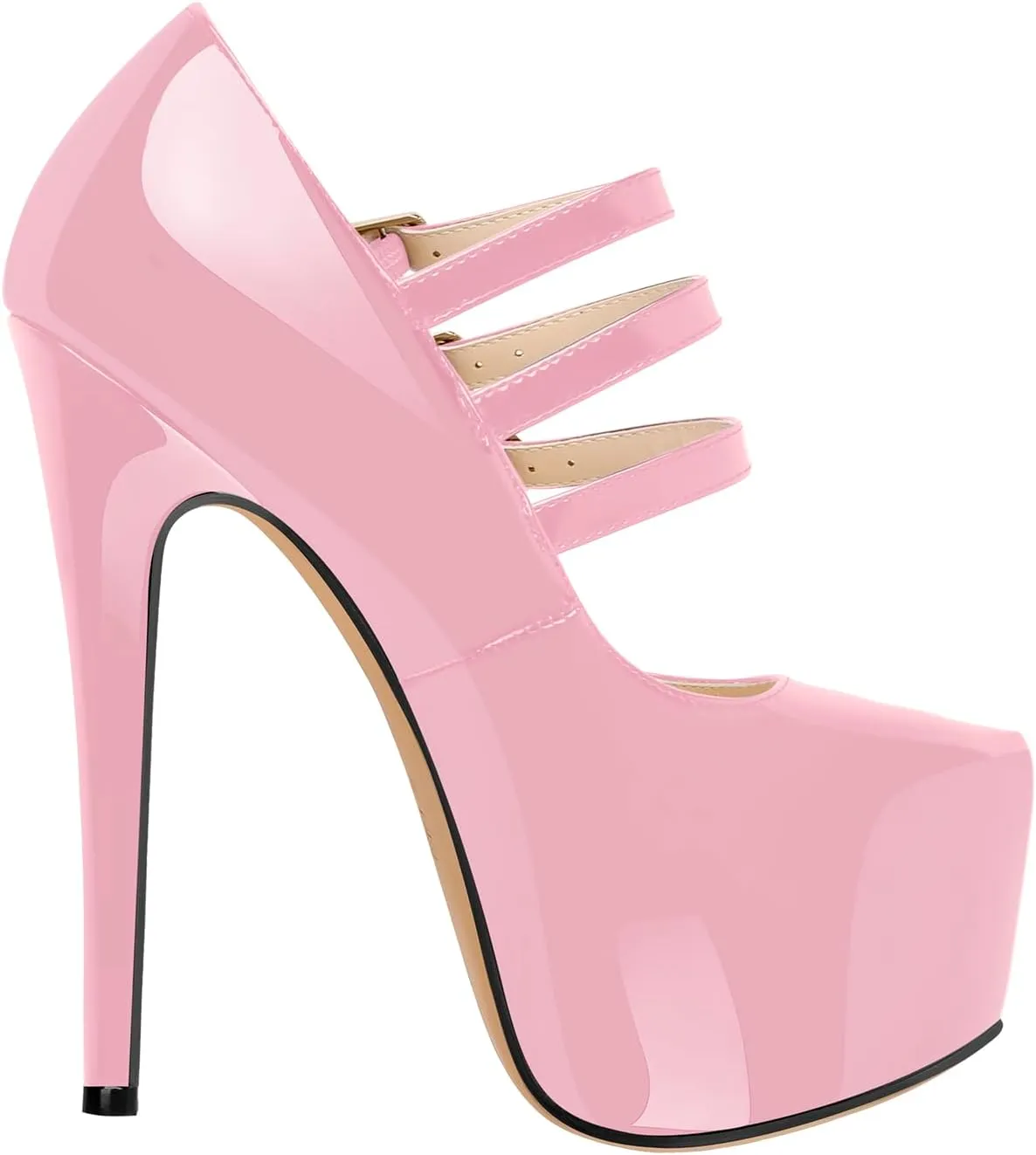 15cm Platform Round Toe Patent High Heel Stiletto Ankle Strap Pumps
