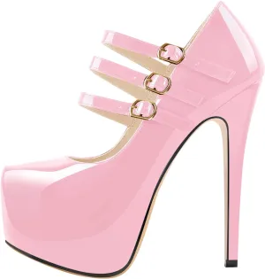 15cm Platform Round Toe Patent High Heel Stiletto Ankle Strap Pumps