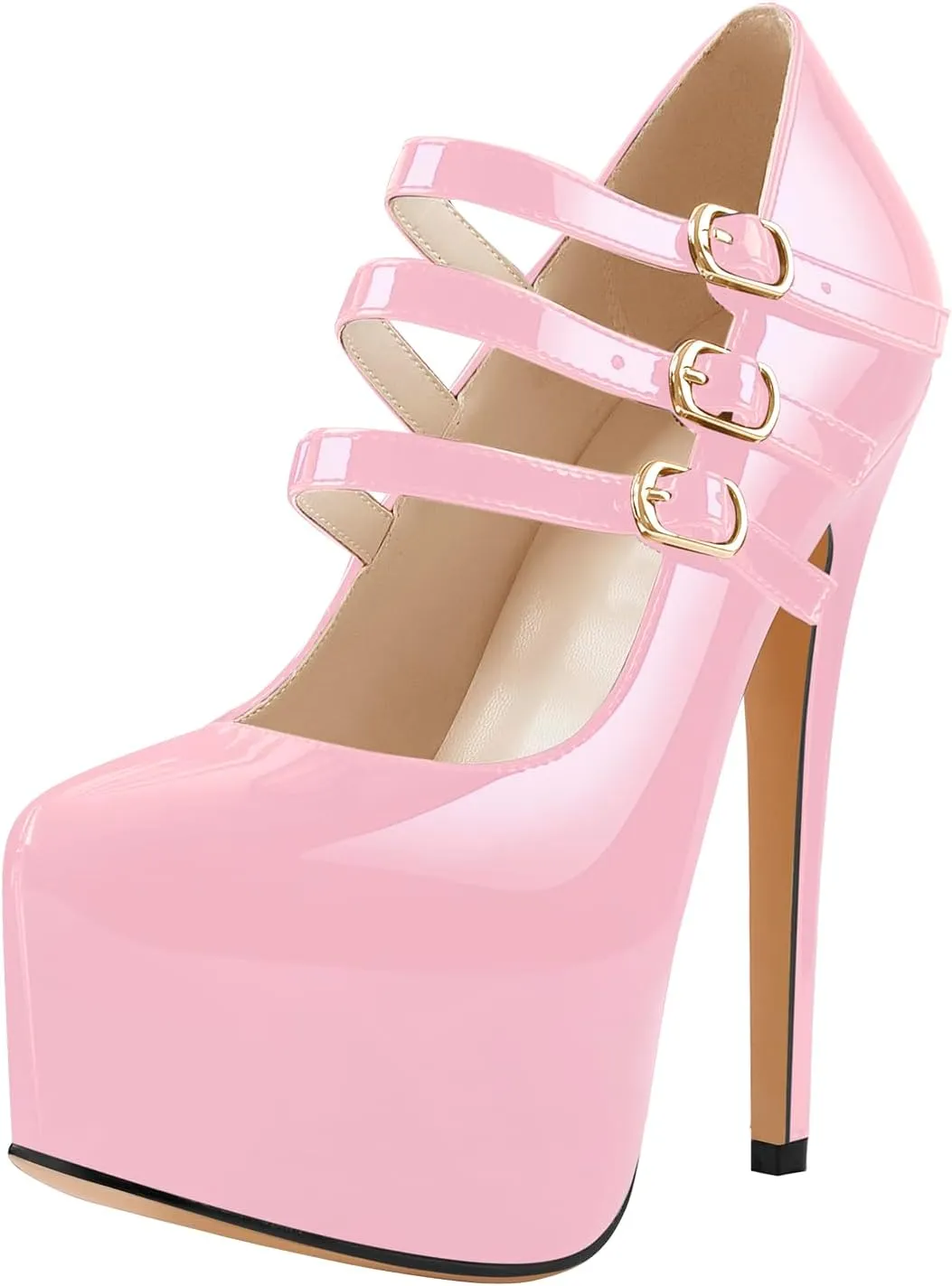 15cm Platform Round Toe Patent High Heel Stiletto Ankle Strap Pumps