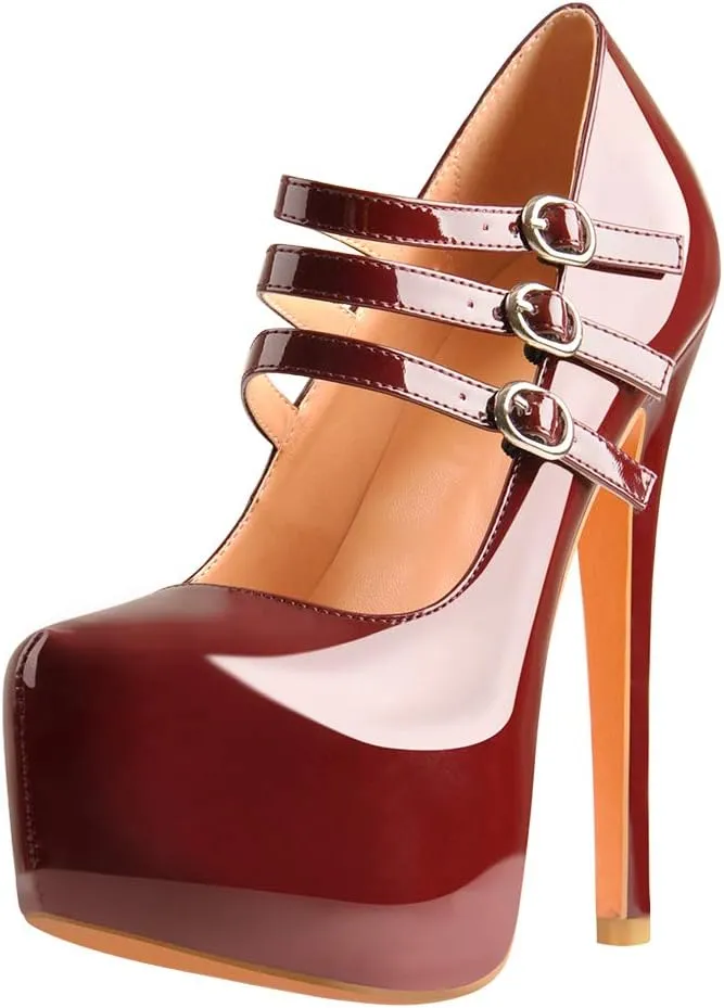 15cm Platform Round Toe Patent High Heel Stiletto Ankle Strap Pumps