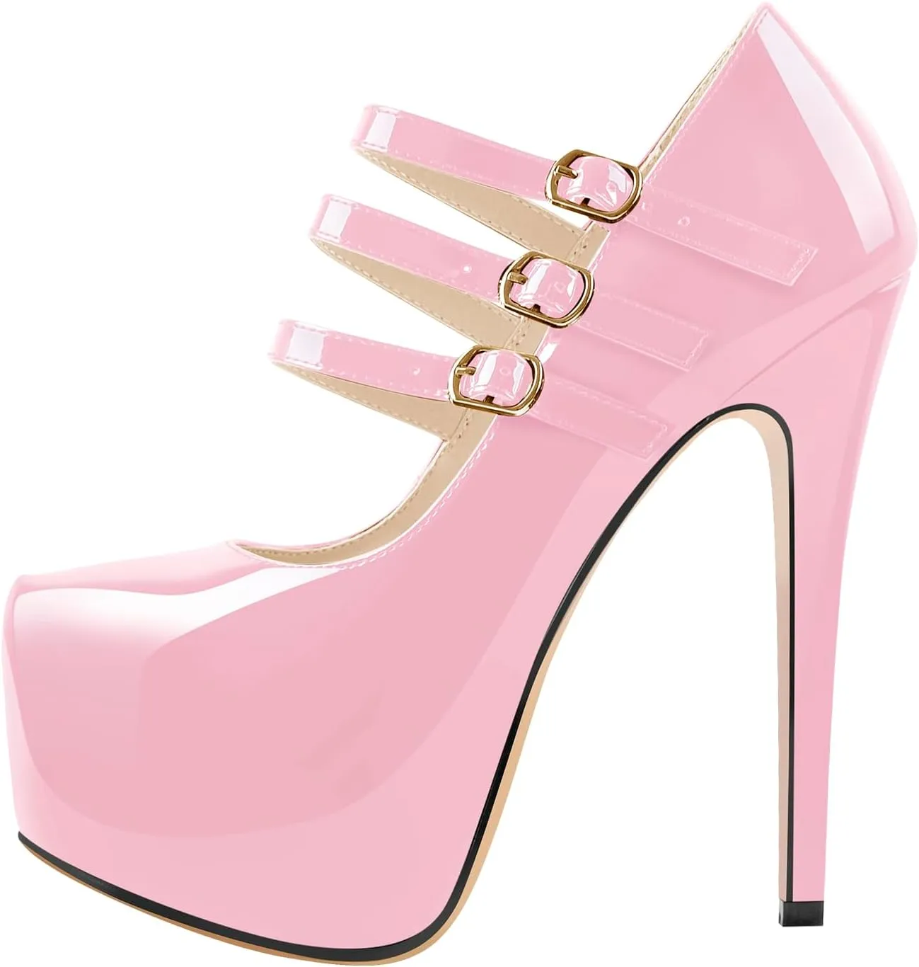 15cm Platform Round Toe Patent High Heel Stiletto Ankle Strap Pumps