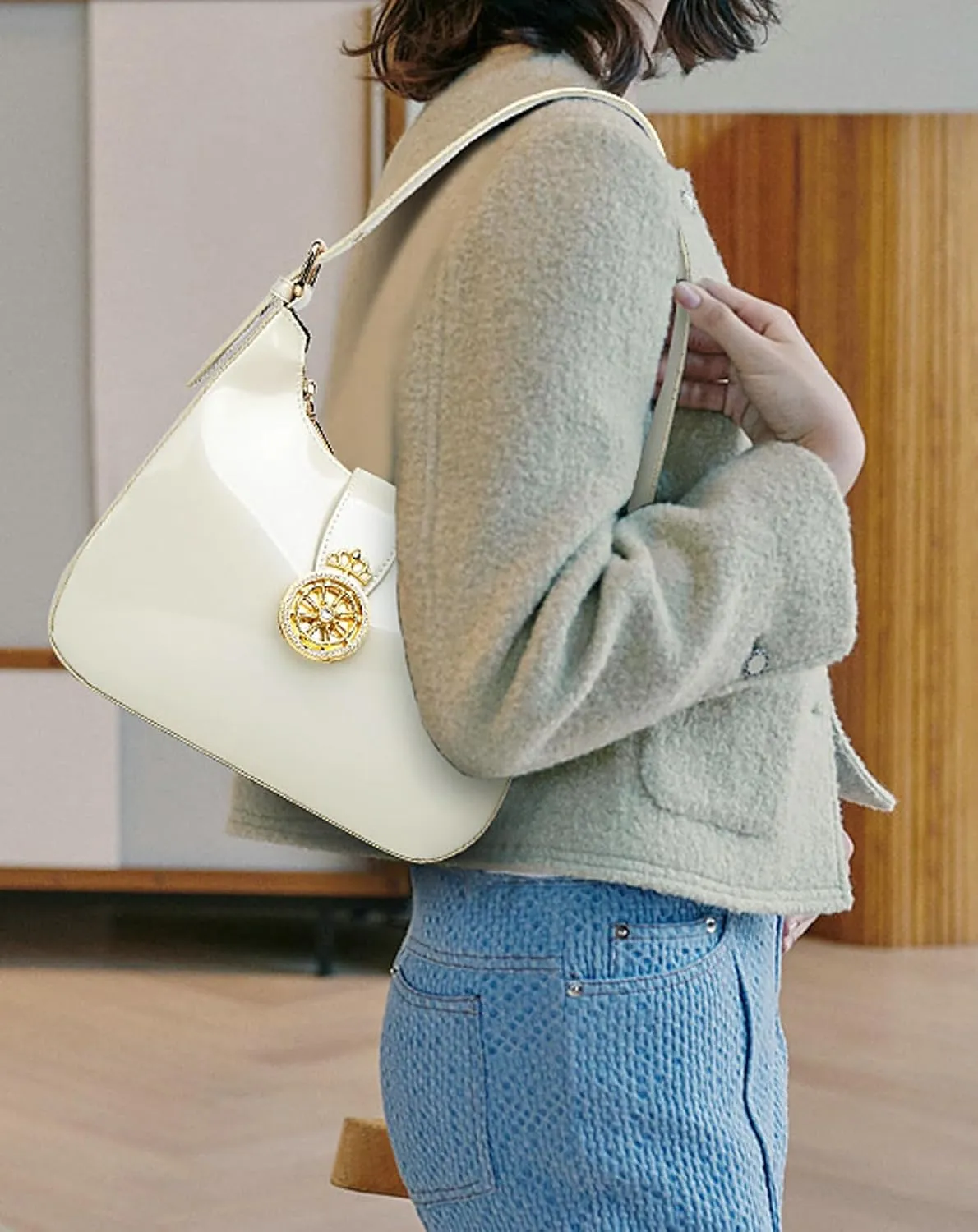 2024 Fashion Patent Leather Women Handbag Shoulder Bag Wristlet Adjustable Strap Elegant Lock Buckle