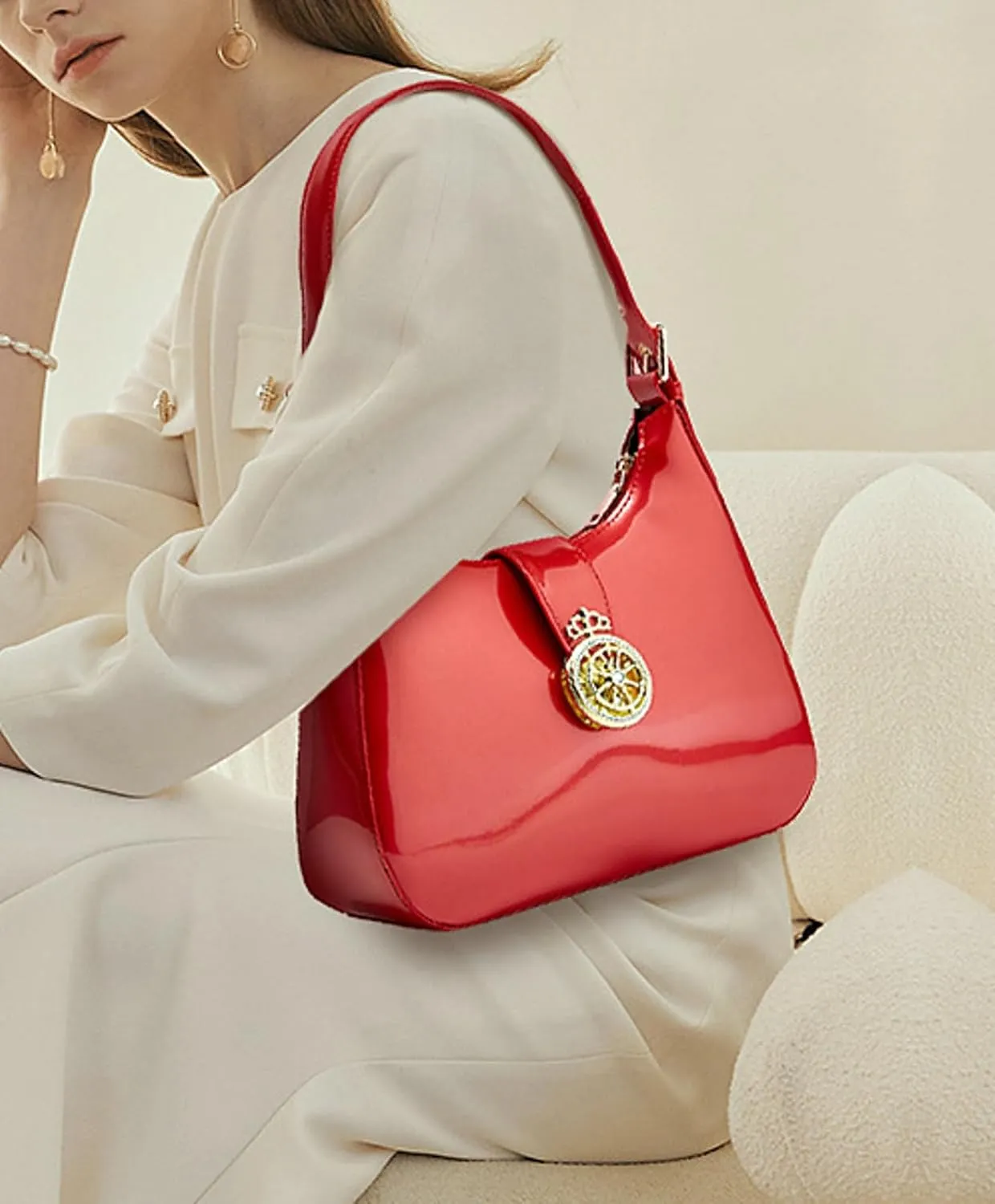 2024 Fashion Patent Leather Women Handbag Shoulder Bag Wristlet Adjustable Strap Elegant Lock Buckle