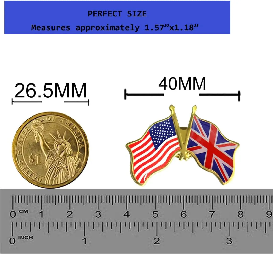 6/12/50/100 Pack-American British Friendship Flag Pins Bulk -1.5” Metal Patriotic Union Jack UK Lapel Pins Badge Souvenir For Hat Bag Travel Gifts