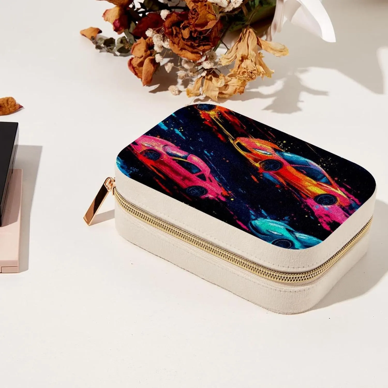 Abstract Seamless Pattern with Speed Race Travel Jewelry Box, Double Layer Portable Travel Display Case Storage Holder Boxes for Stud Earrings, Rings, Necklaces, Bracelets