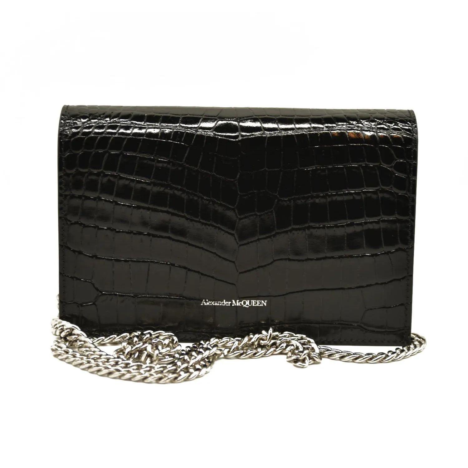 Alexander McQueen  Calfskin Crocodile Embossed Skull Mini Crossbody Bag Black