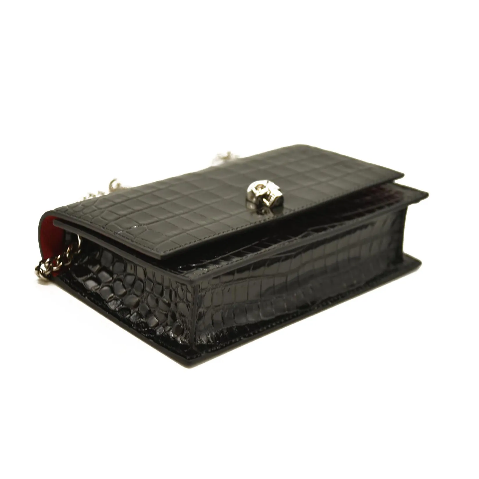 Alexander McQueen  Calfskin Crocodile Embossed Skull Mini Crossbody Bag Black
