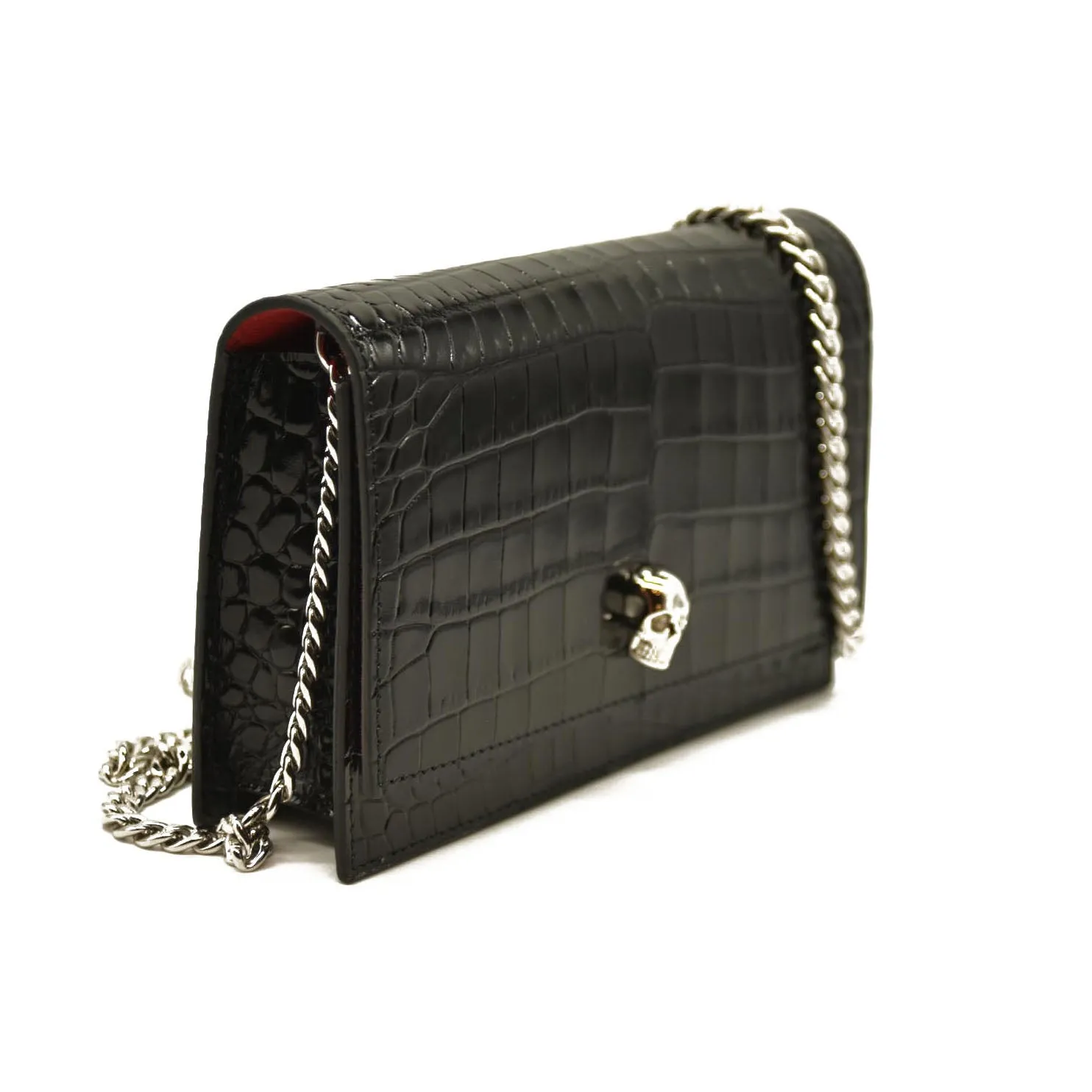 Alexander McQueen  Calfskin Crocodile Embossed Skull Mini Crossbody Bag Black
