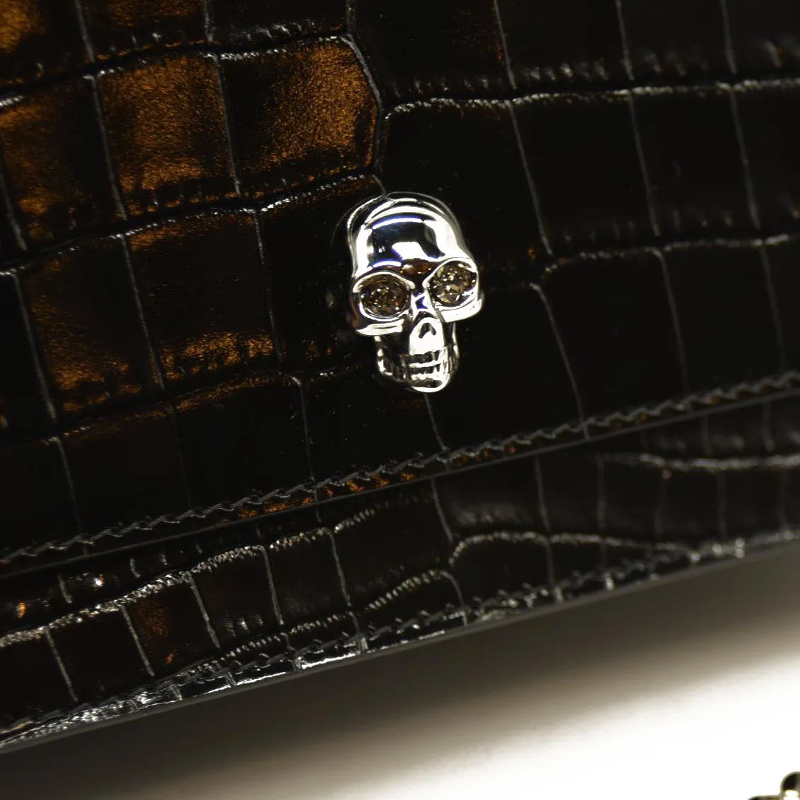Alexander McQueen  Calfskin Crocodile Embossed Skull Mini Crossbody Bag Black
