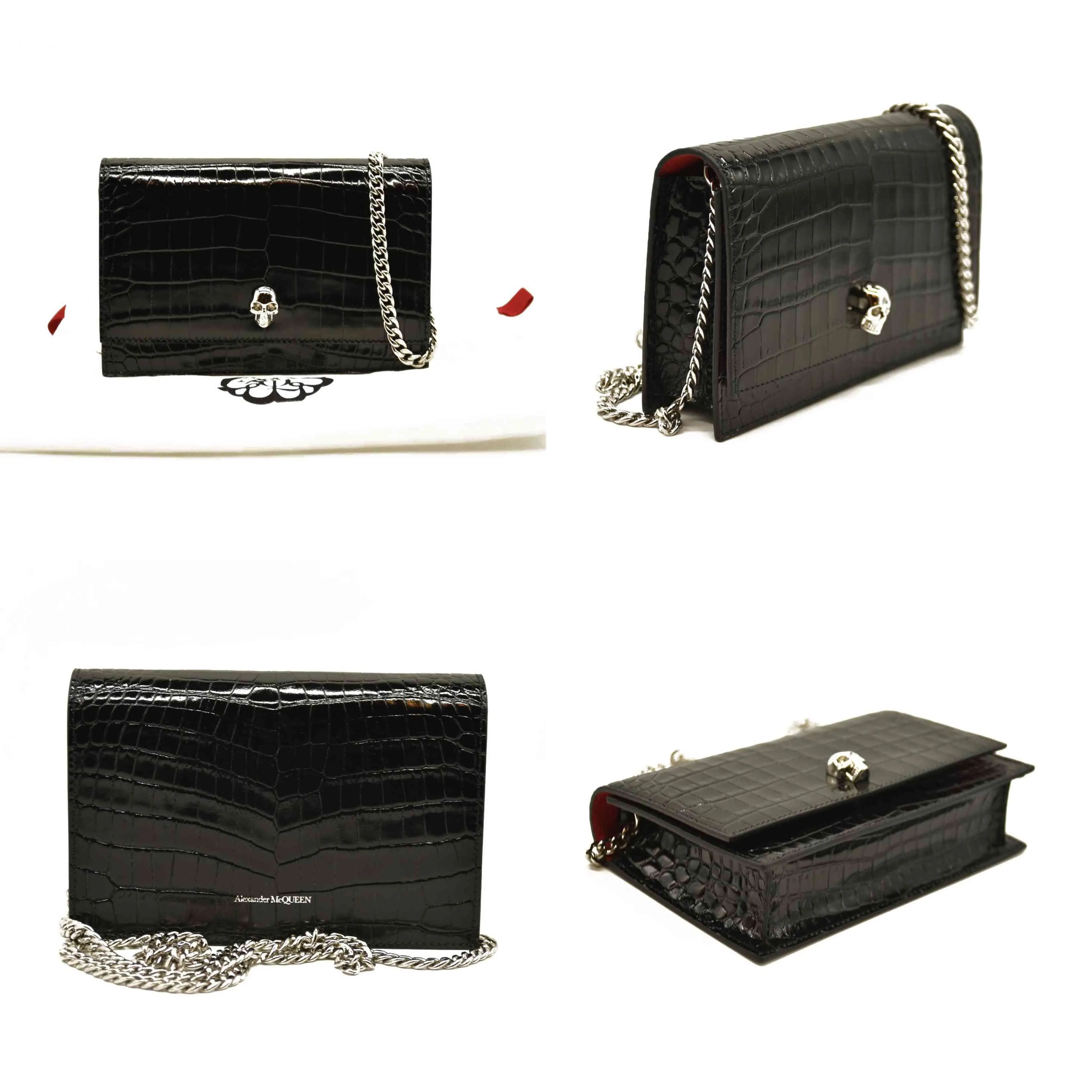 Alexander McQueen  Calfskin Crocodile Embossed Skull Mini Crossbody Bag Black