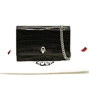 Alexander McQueen  Calfskin Crocodile Embossed Skull Mini Crossbody Bag Black