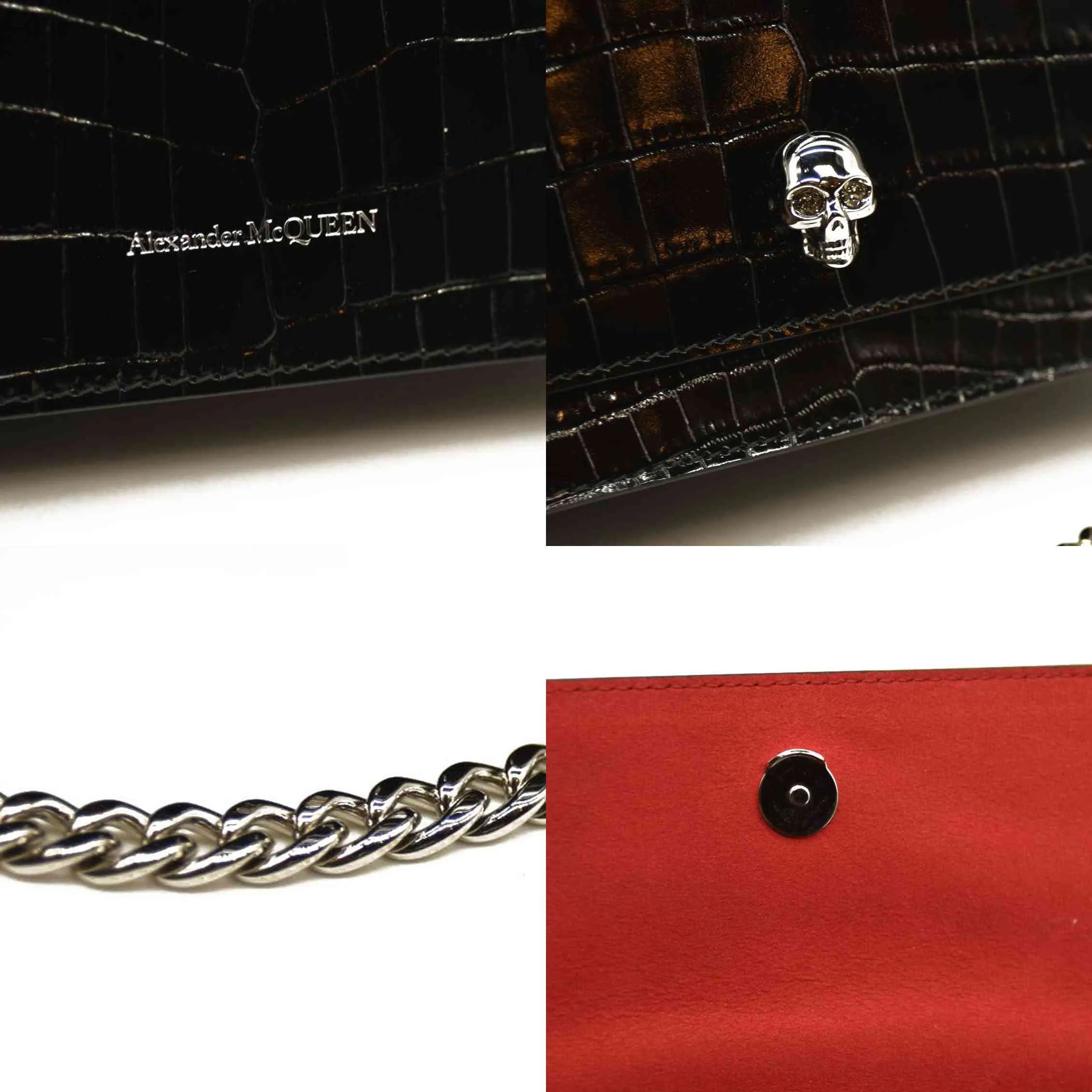 Alexander McQueen  Calfskin Crocodile Embossed Skull Mini Crossbody Bag Black
