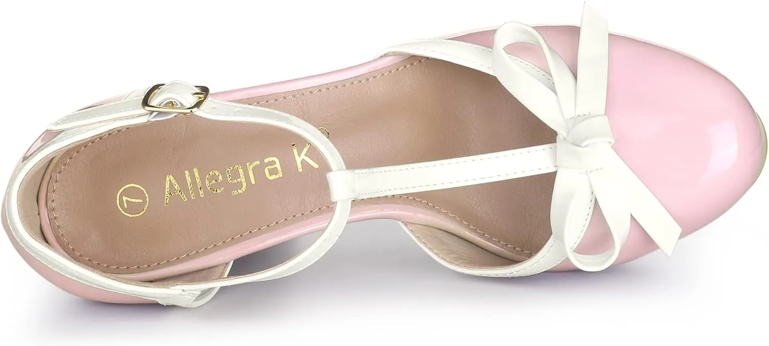 Allegra K Women's Platform Bow t Strap Chunky Heels Pumps