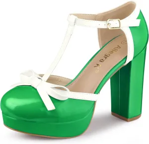 Allegra K Women's Platform Bow t Strap Chunky Heels Pumps