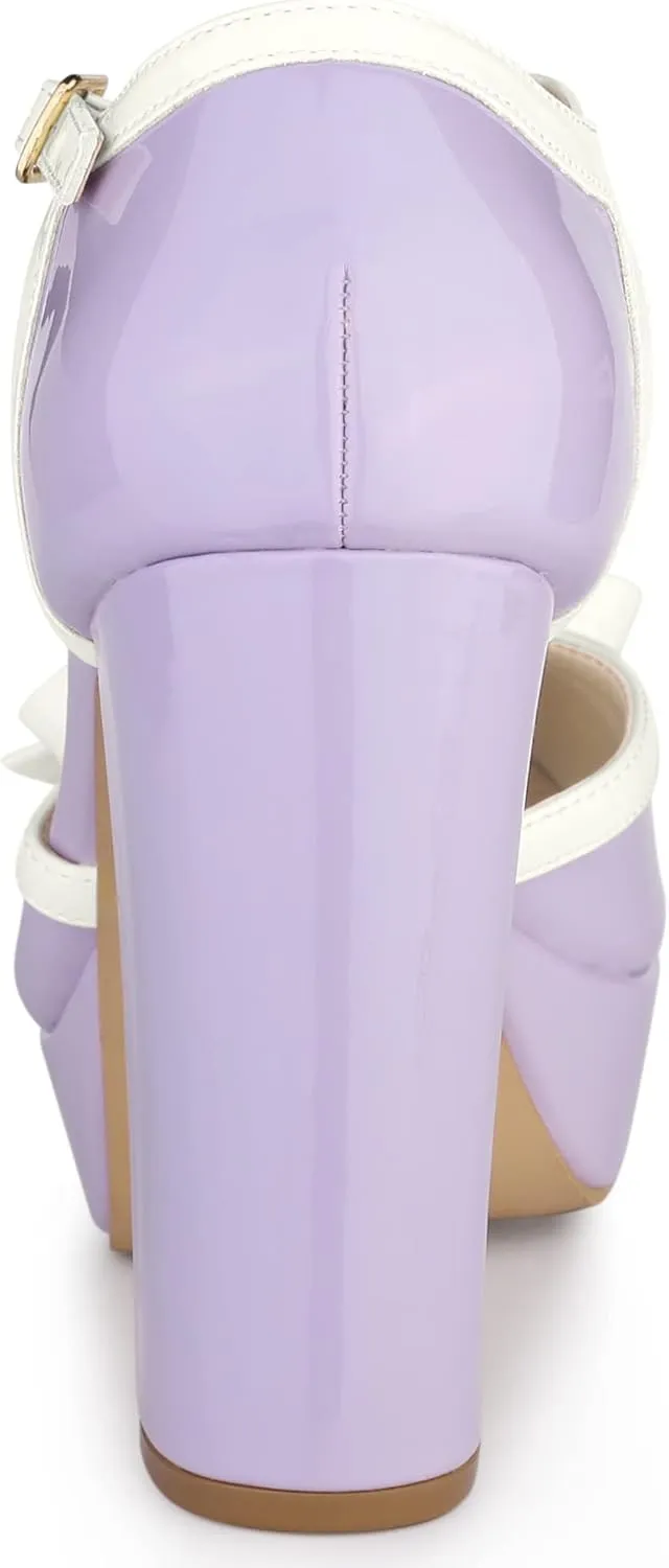 Allegra K Women's Platform Bow t Strap Chunky Heels Pumps