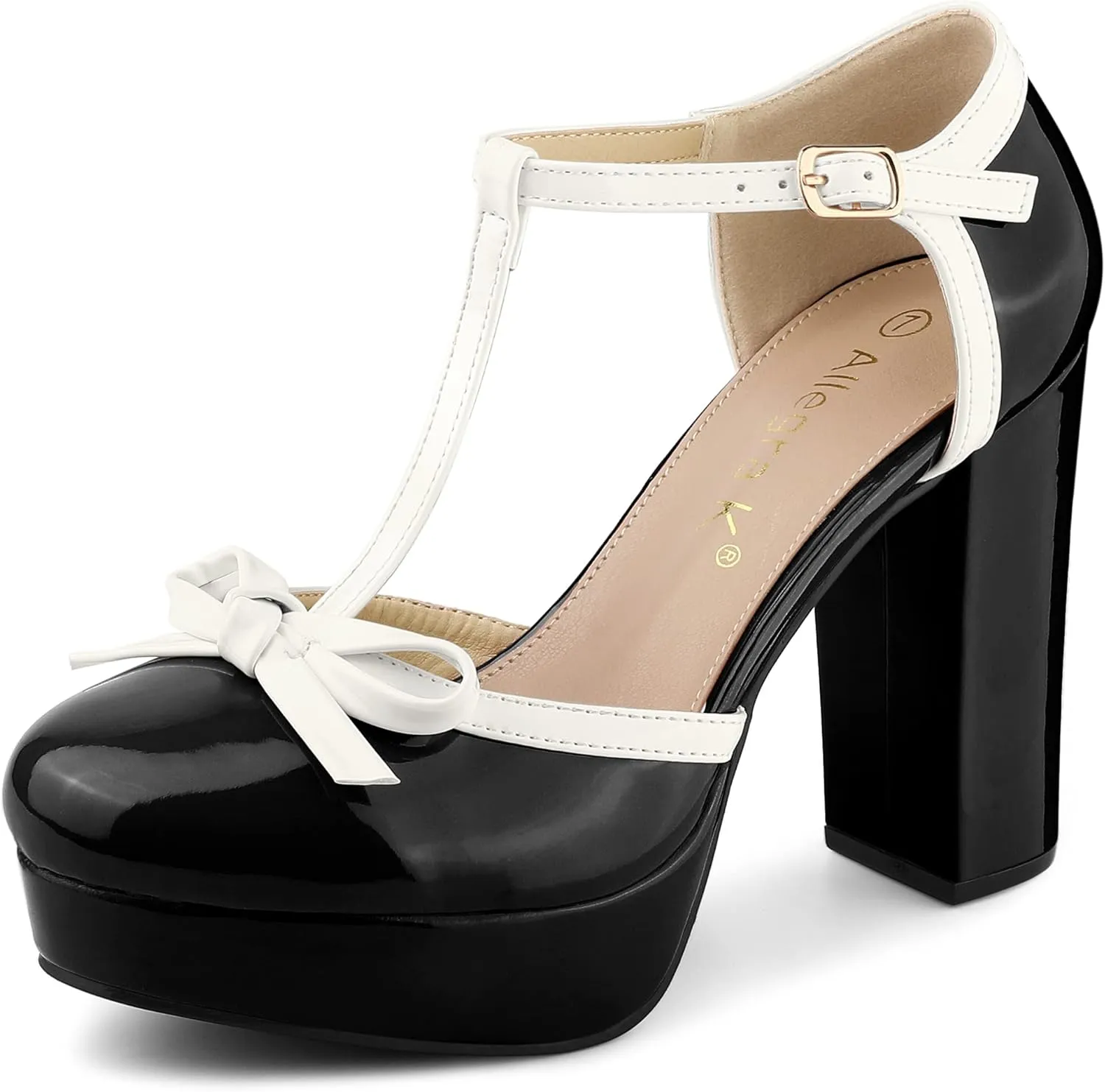 Allegra K Women's Platform Bow t Strap Chunky Heels Pumps