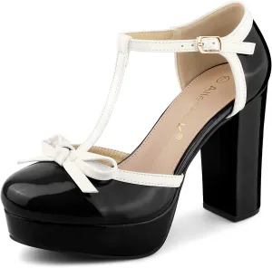 Allegra K Women's Platform Bow t Strap Chunky Heels Pumps