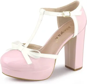 Allegra K Women's Platform Bow t Strap Chunky Heels Pumps