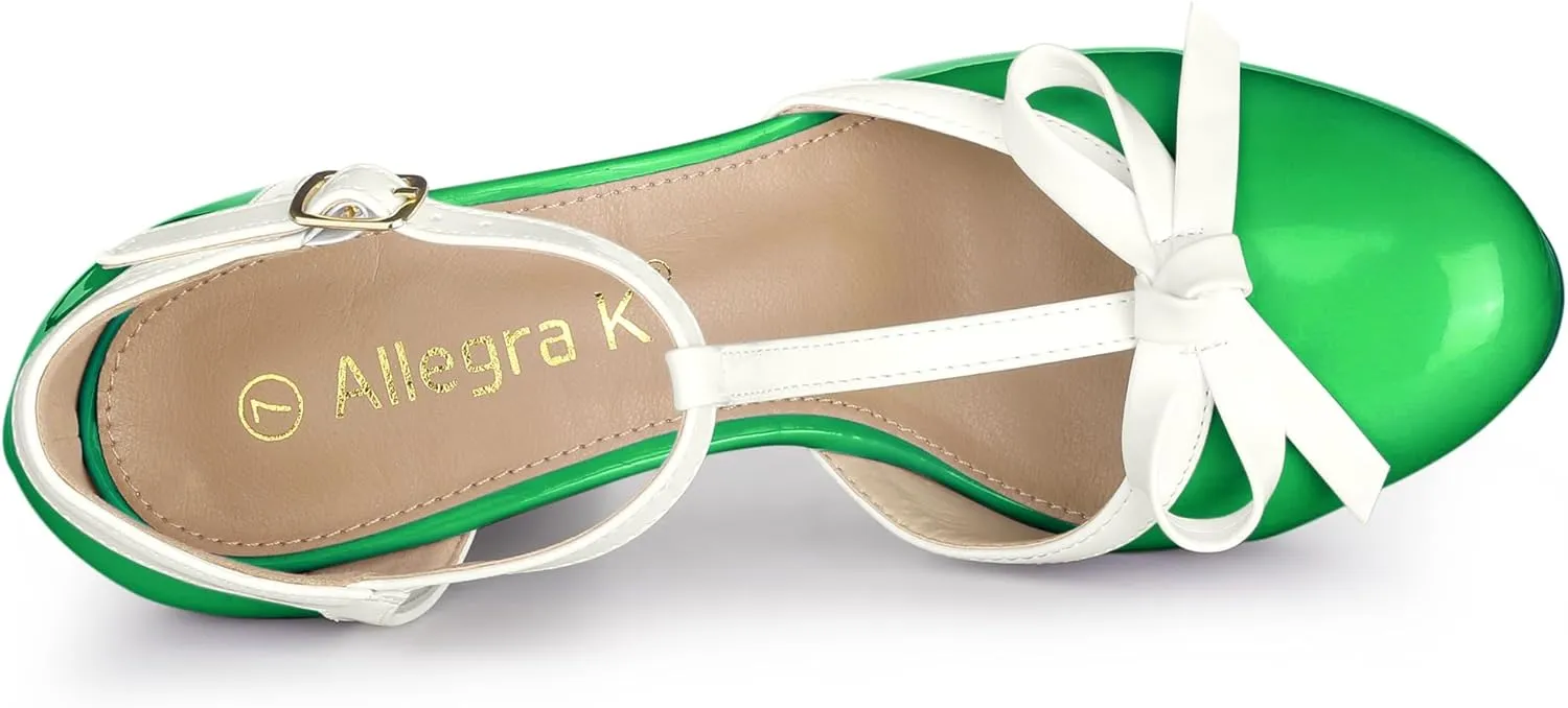 Allegra K Women's Platform Bow t Strap Chunky Heels Pumps