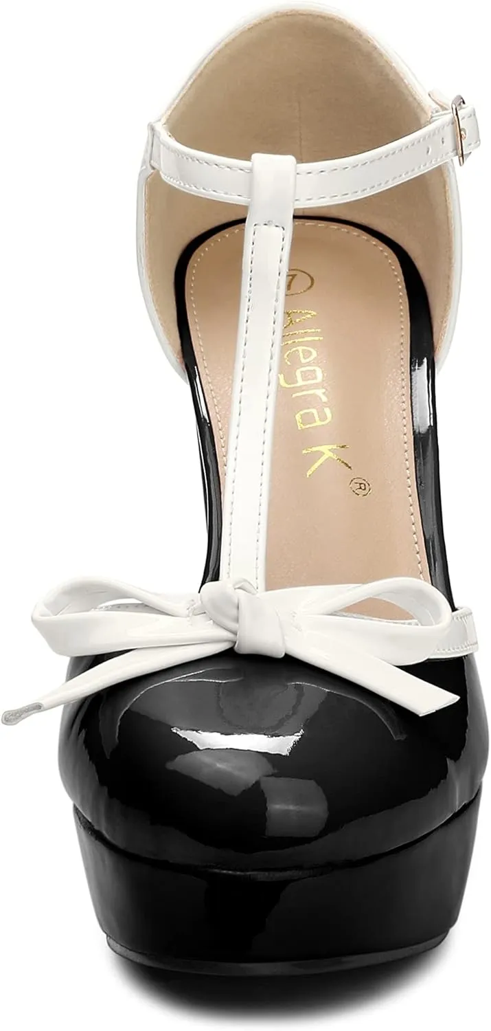 Allegra K Women's Platform Bow t Strap Chunky Heels Pumps