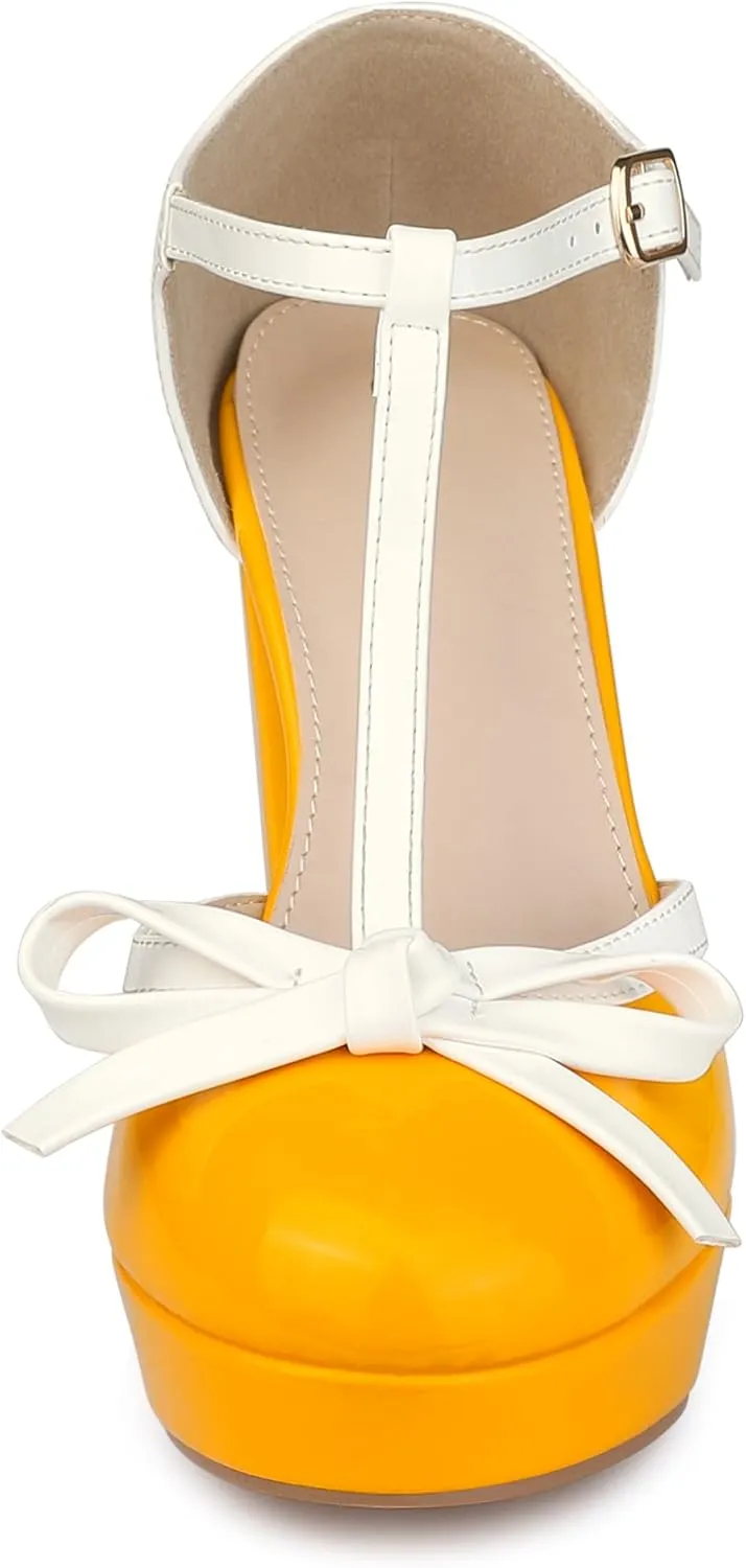 Allegra K Women's Platform Bow t Strap Chunky Heels Pumps