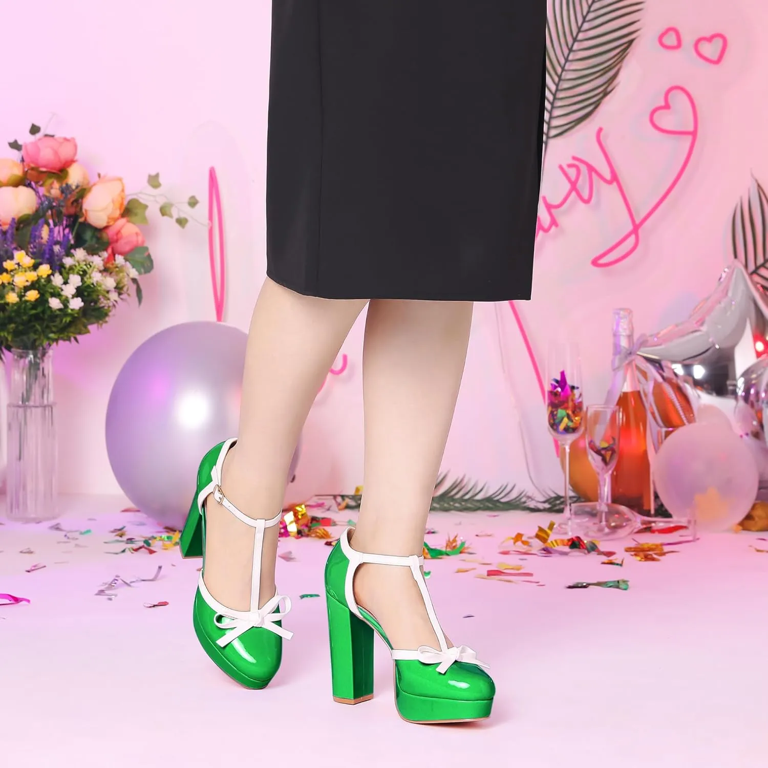 Allegra K Women's Platform Bow t Strap Chunky Heels Pumps