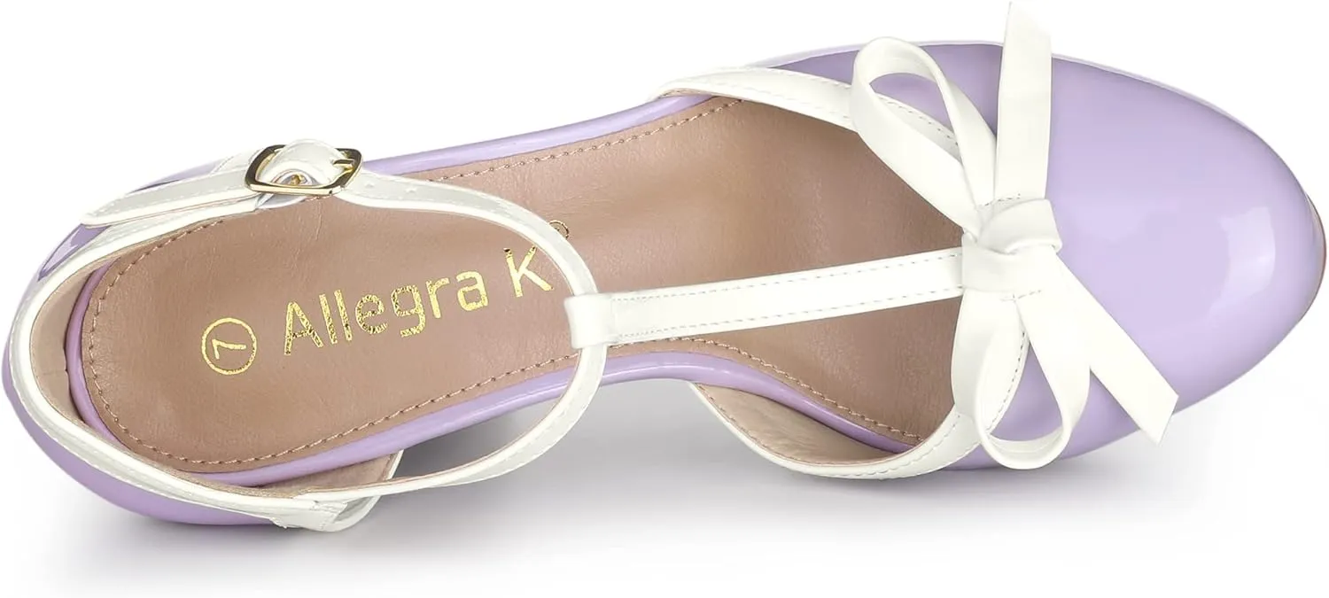 Allegra K Women's Platform Bow t Strap Chunky Heels Pumps
