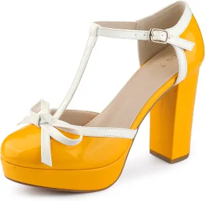 Allegra K Women's Platform Bow t Strap Chunky Heels Pumps