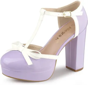 Allegra K Women's Platform Bow t Strap Chunky Heels Pumps