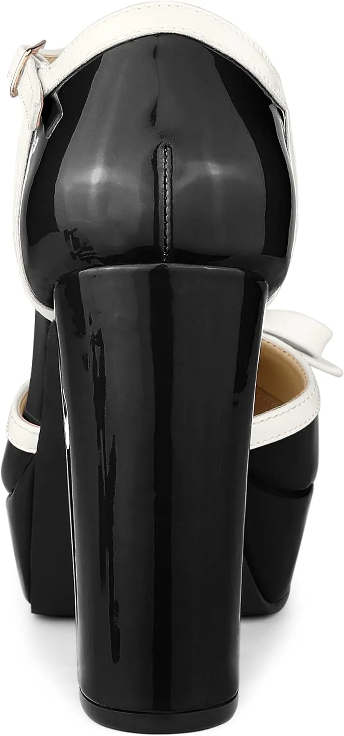 Allegra K Women's Platform Bow t Strap Chunky Heels Pumps