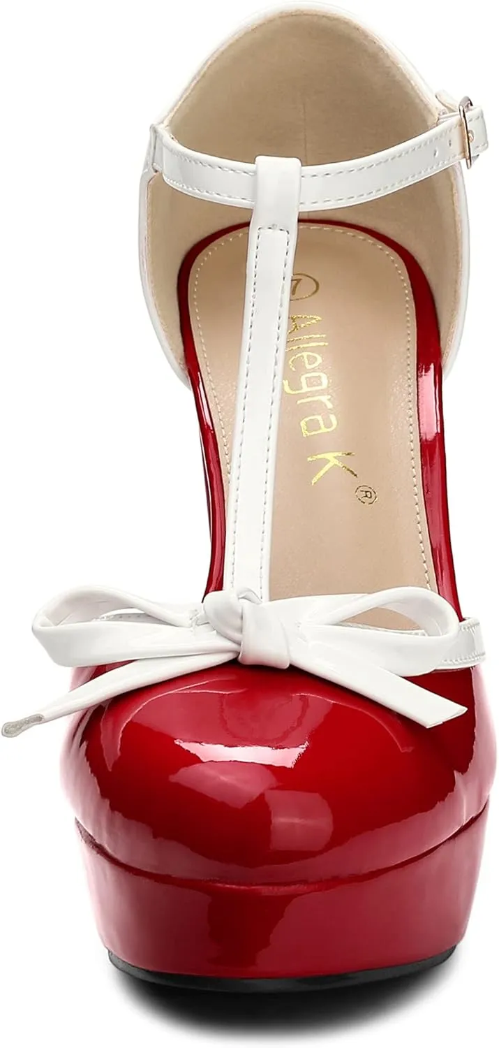 Allegra K Women's Platform Bow t Strap Chunky Heels Pumps