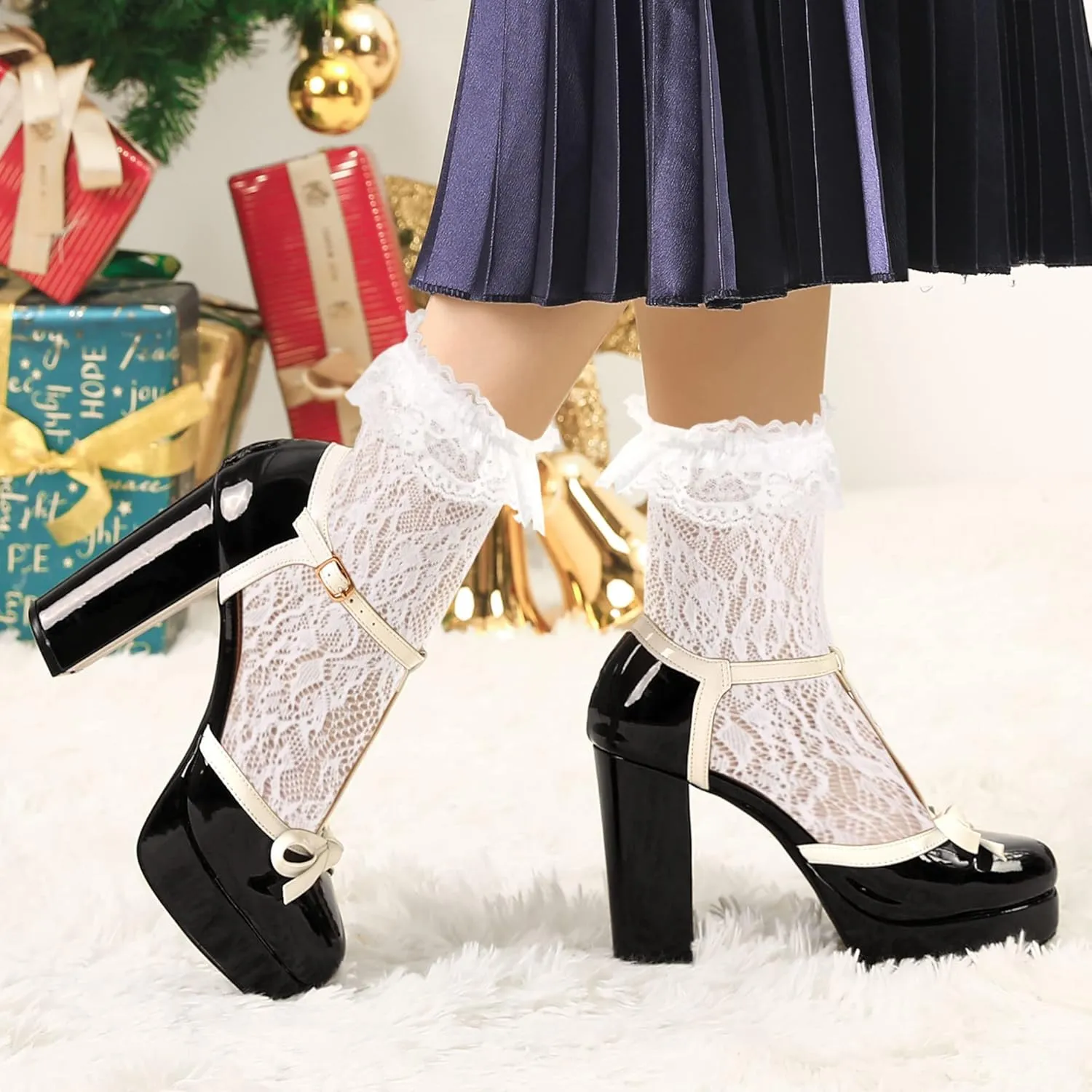 Allegra K Women's Platform Bow t Strap Chunky Heels Pumps