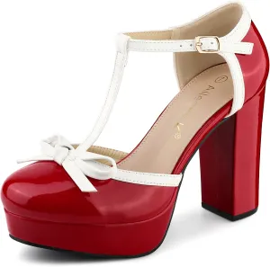 Allegra K Women's Platform Bow t Strap Chunky Heels Pumps