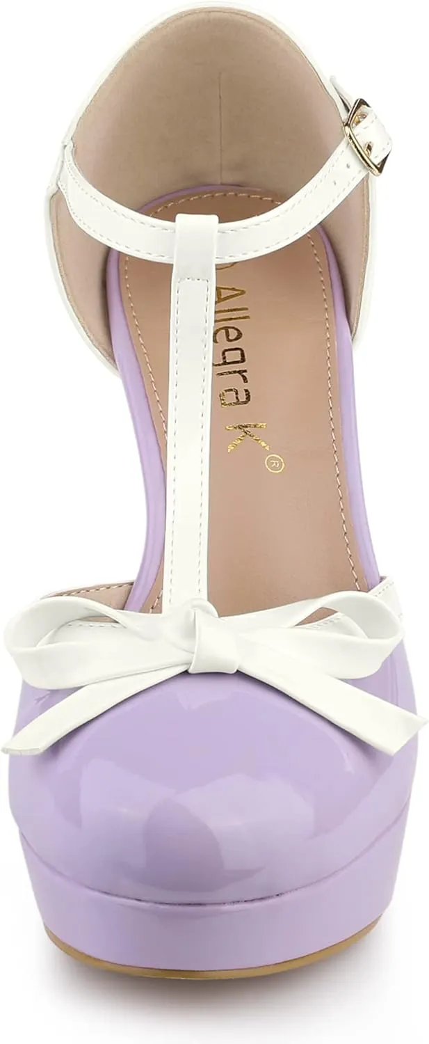 Allegra K Women's Platform Bow t Strap Chunky Heels Pumps