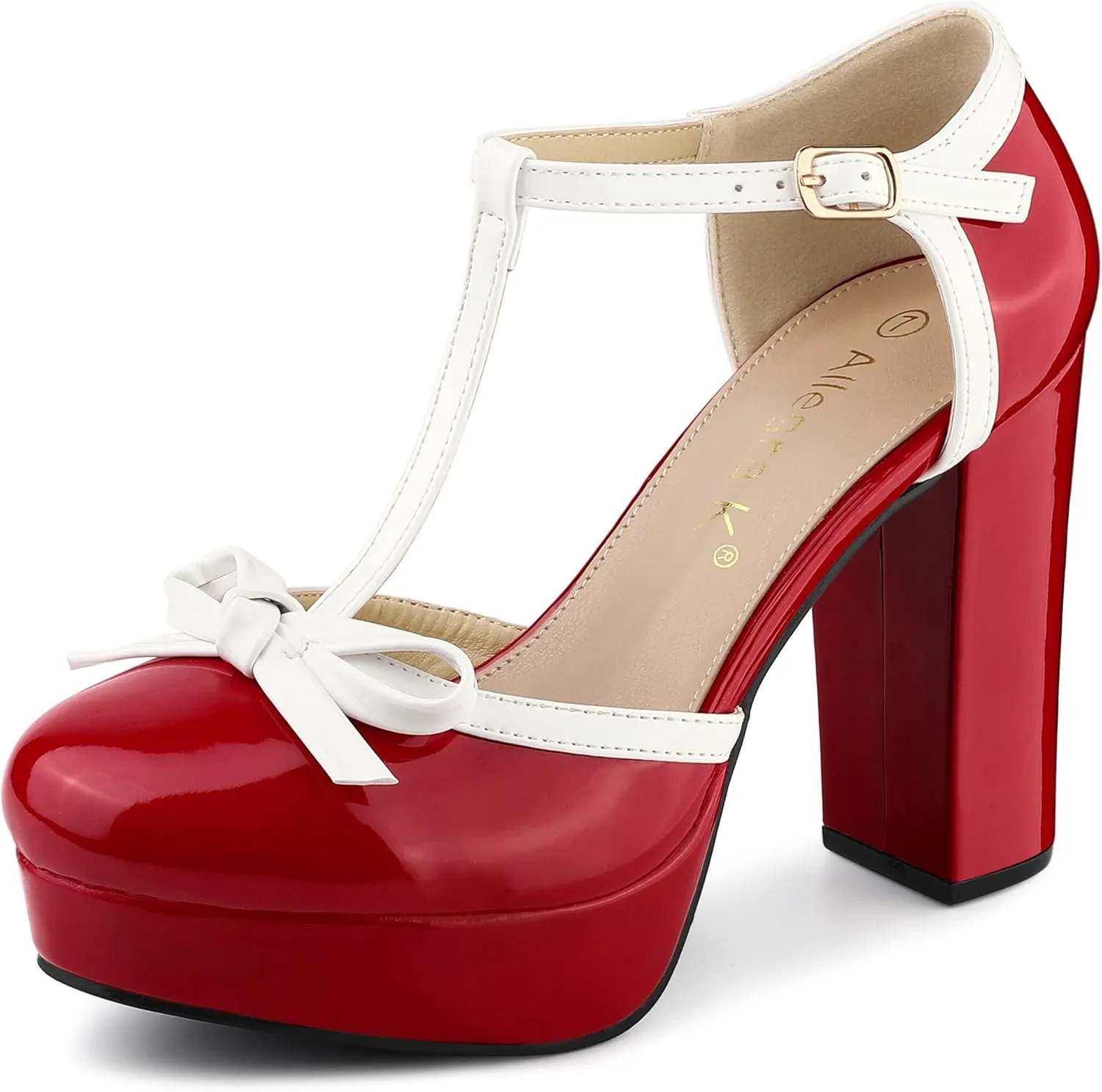 Allegra K Women's Platform Bow t Strap Chunky Heels Pumps
