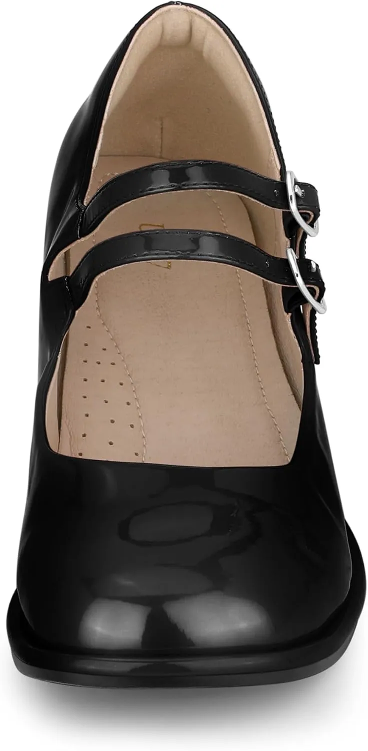 Allegra K Women's Square Toe Ankle Strap Block Heels Mary Janes Pumps Shoes