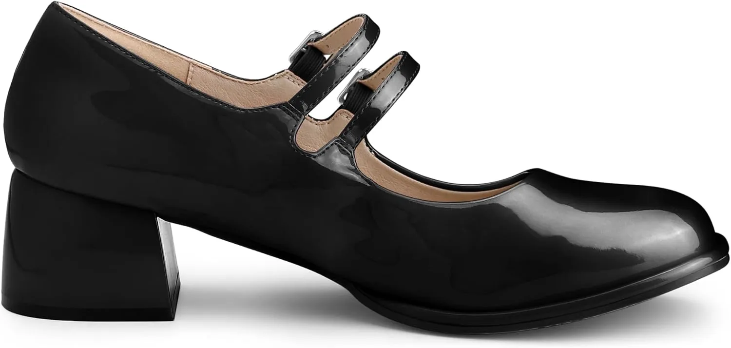 Allegra K Women's Square Toe Ankle Strap Block Heels Mary Janes Pumps Shoes