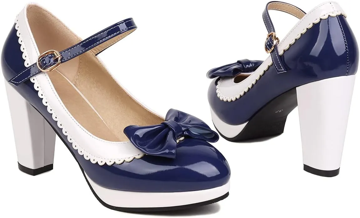 Alsoloveu Women Lolita Mary Janes Platform Pumps Chunky Heel Patent Leather with Ankle Strap