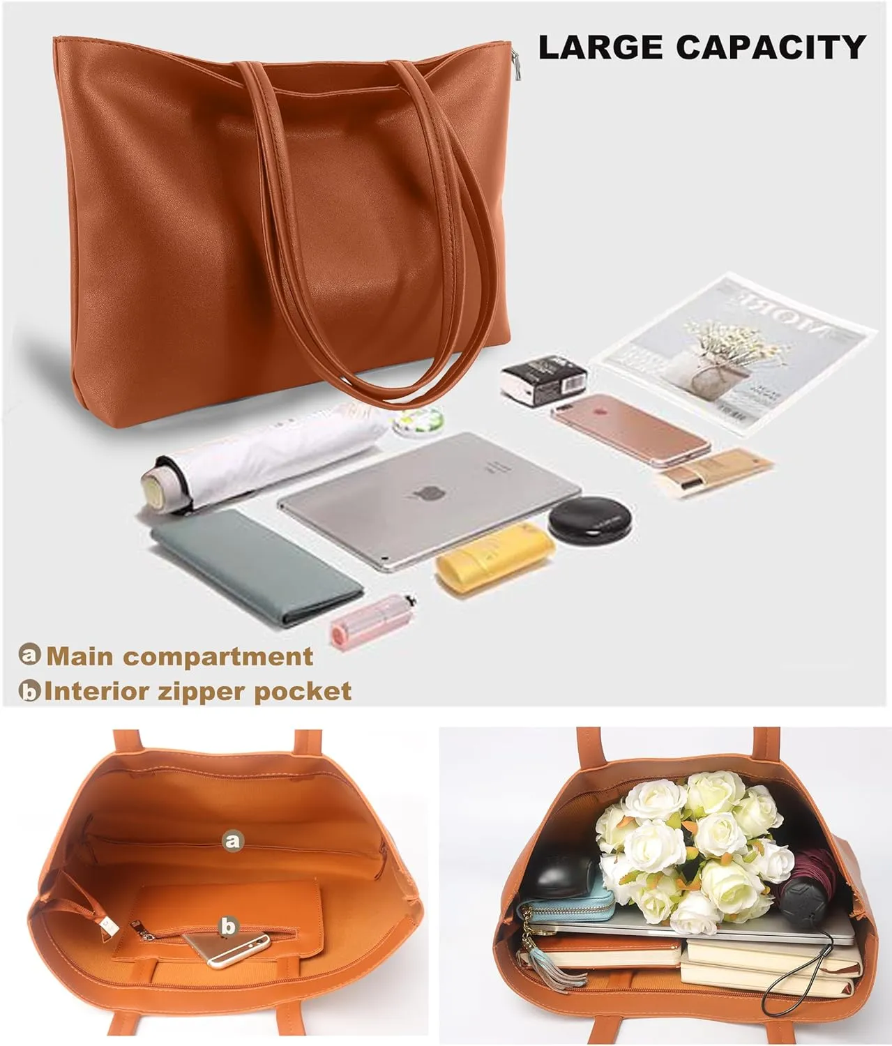 ALUWU Tote Bag for Women with Zipper Faux Leather Shoulder Handbags Work Purses