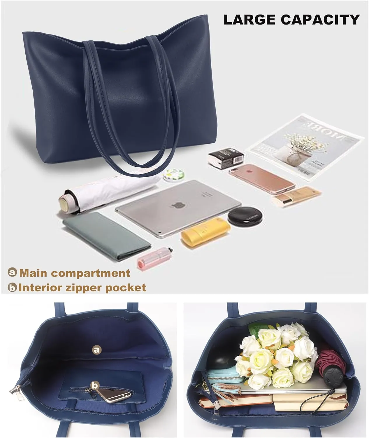 ALUWU Tote Bag for Women with Zipper Faux Leather Shoulder Handbags Work Purses