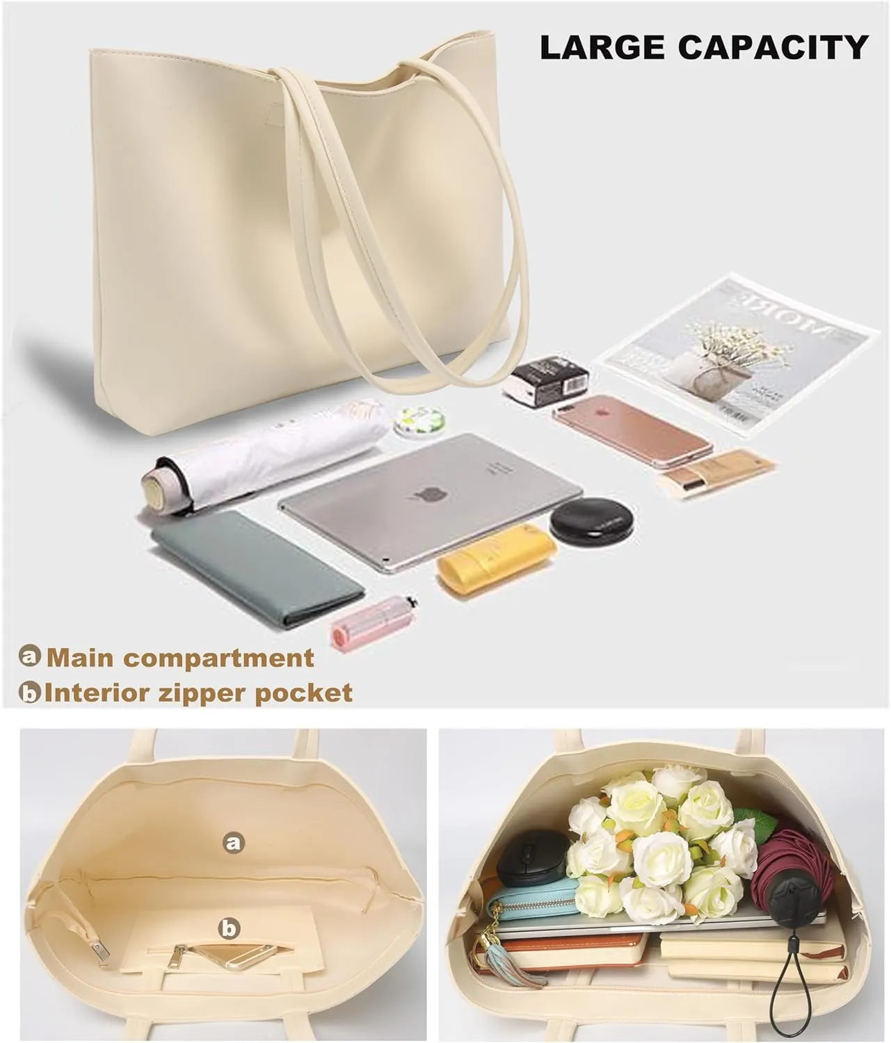 ALUWU Tote Bag for Women with Zipper Faux Leather Shoulder Handbags Work Purses