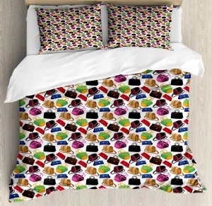 Ambesonne Fashion DuvetCoverSet, Rhythmic Clutch Pouch Handbag Statement Bags Motifs Complementary Accessories Print, Decorative 3 Piece Bedding Set -2 Pillow Shams, Queen Size, Fern Green Multicolor