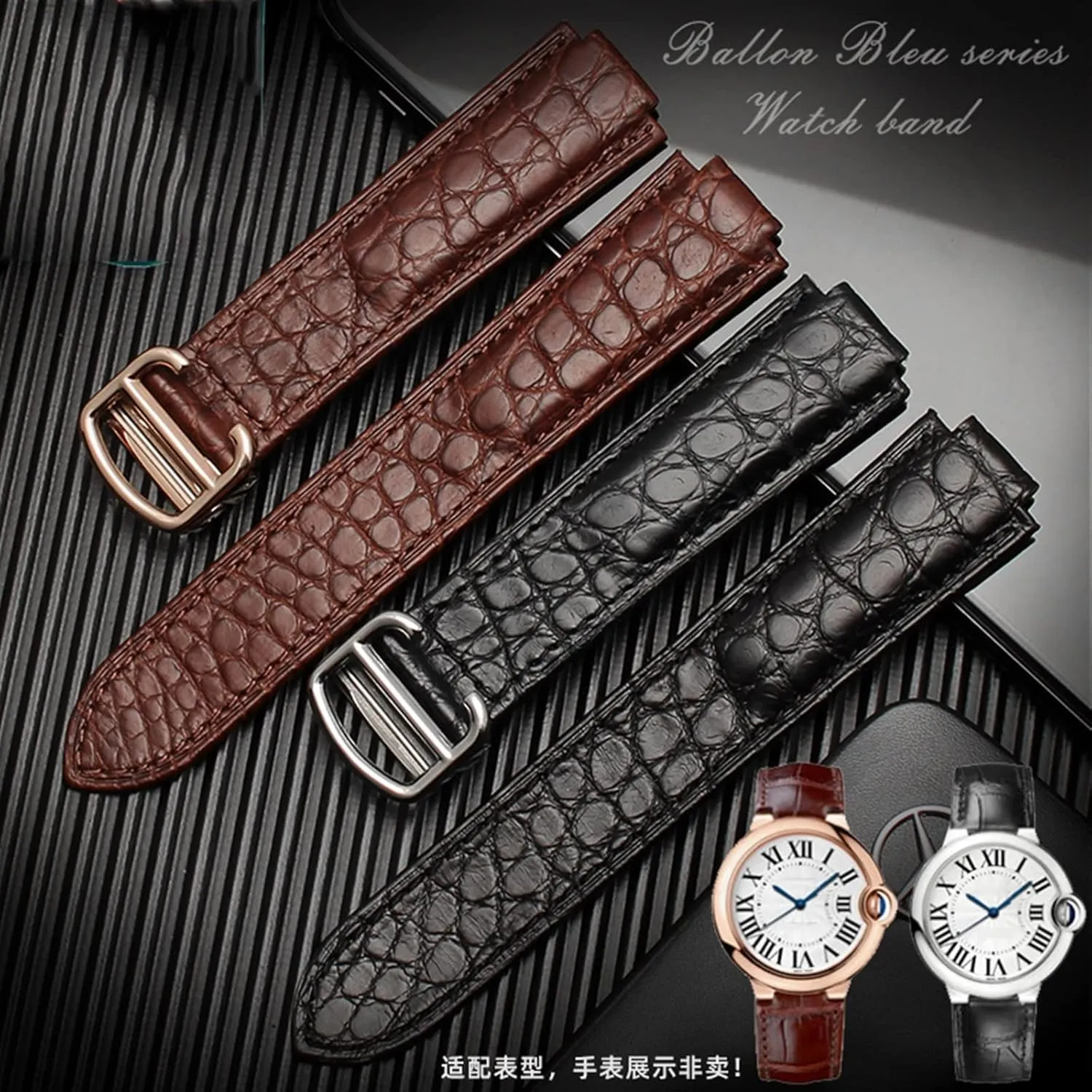 American Crocodile Leather Watch Strap Suitable for Cartier Blue Balloon Convex Leather Strap 18 20mm Men and Women Black (Color : 10mm Gold Clasp, Size : 16-8mm)
