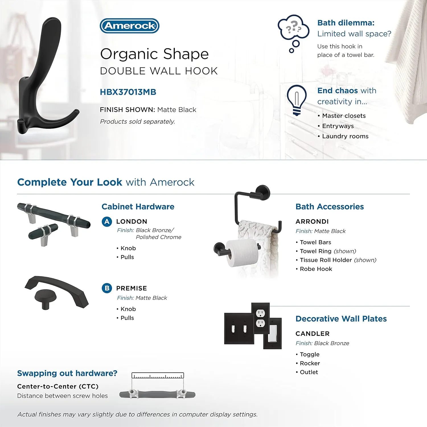 Amerock HBX37013MB | Finesse Triple Prong Decorative Wall Hook | Matte Black Hook for Coats, Hats, Backpacks, Bags | Hooks for Bathroom, Bedroom, Closet, Entryway, Laundry Room, Office