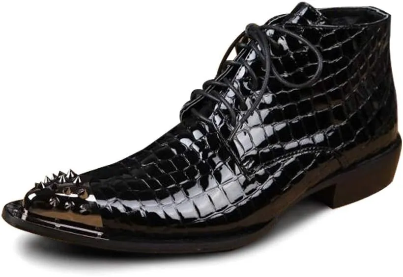 Ankle Boot for Men High Top Boot Lace Up StyleGenuine Leather Patent Leather Crocodile Texture Middle Heel
