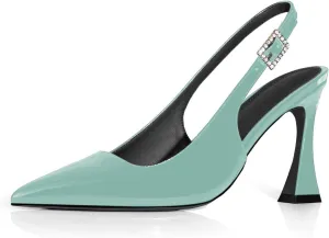 anteikira Women's Closed Toe High Spool Heel Buckle Slingback Pumps Patent Leather Stiletto Heels Fashion Wedding Party Evening Prom Heels for Women