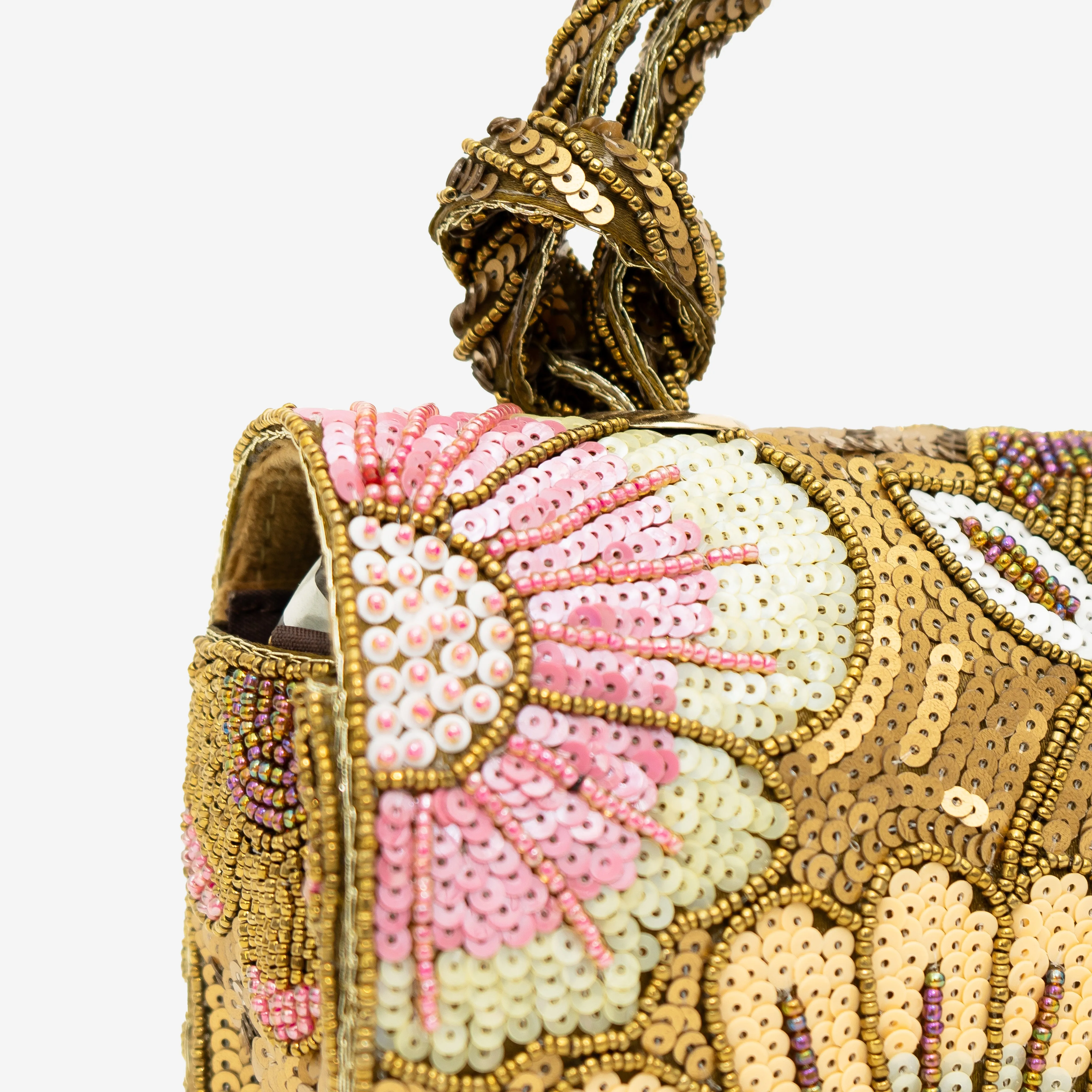 Antique Gold Pastel Floral Beaded Clutch