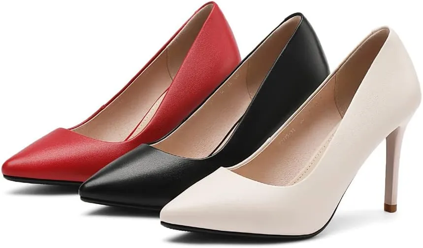 ANUFER Women's Full Genuine Leather 5CM/7CM/9CM High Heels Elegant Pointed Toe Pumps Office Work Shoes